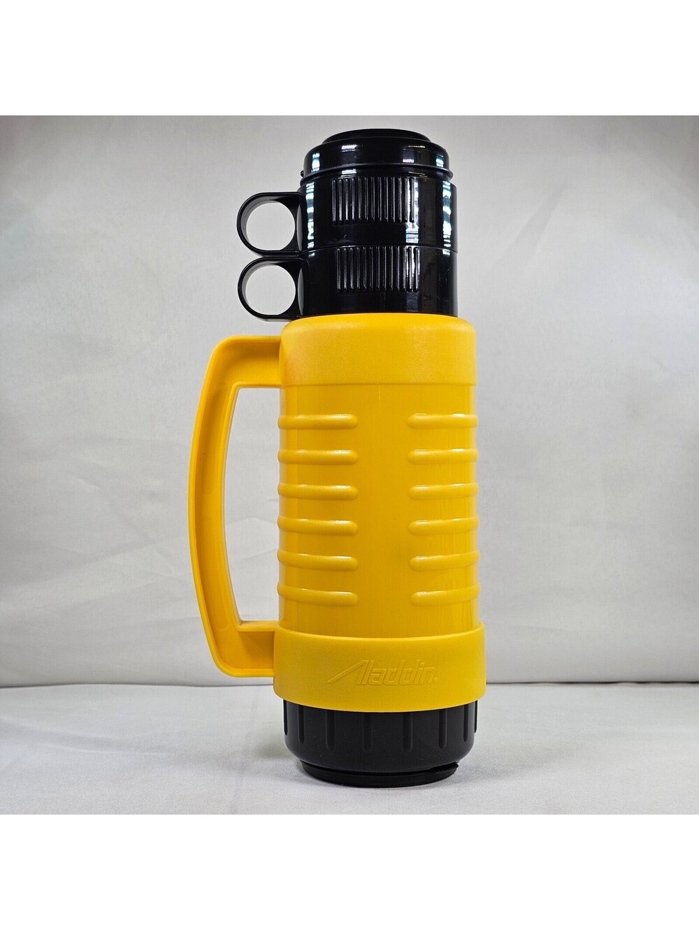 Vintage Aladdin Thermos Yellow Black Vacuum Bottle with Handle and 2 Cups 13.5in